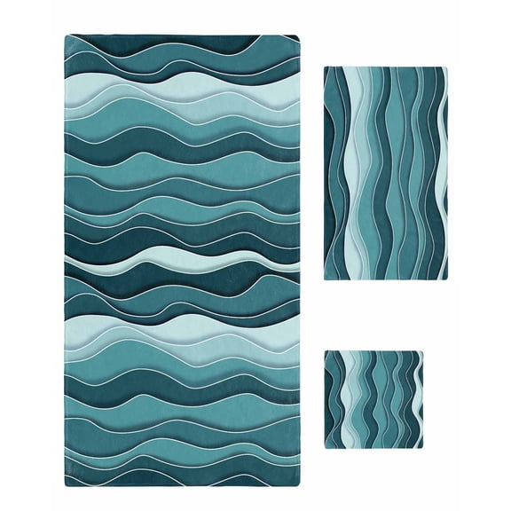 Abstract Turquoise Moire Towel Set of 3, Soft Microfiber Bath Towels, Hand Towel, Washcloths, Gradient Coastal Ocean Geometric Quick-Dry Absorbent Towels for Bathroom Kitchen Hotel Beach Gym Spa