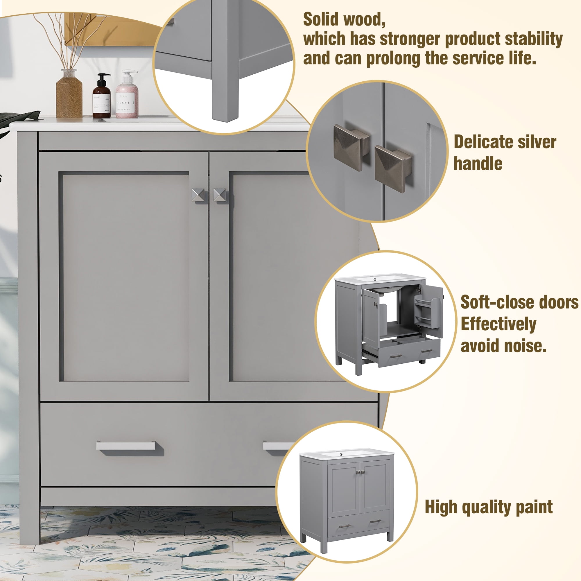 Harper & Bright Designs 30" Bathroom Vanity with Sink Combo, Bathroom Cabinet with Ceramic Top, Multifunctional Storage Doors and Drawer, Gray