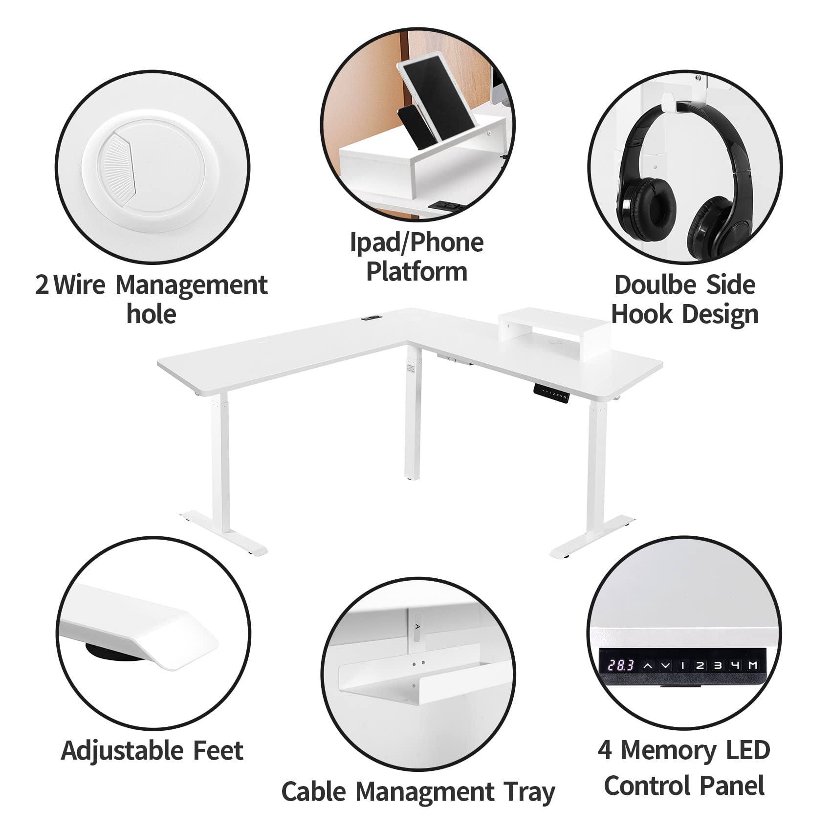 UNICOO® L-Shaped Triple Motor Electric Height Adjustable Standing Desk - Gaming & Home Office Corner Desk, with Easy Touch Control & Solid Steel Construction (White Top/White Frame - XOT-L3E-WW)