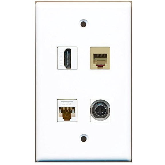 RiteAV - 1 Port HDMI 1 Port Phone RJ11 RJ12 Beige 1 Port 3.5mm 1 Port Cat6 Ethernet White Wall Plate