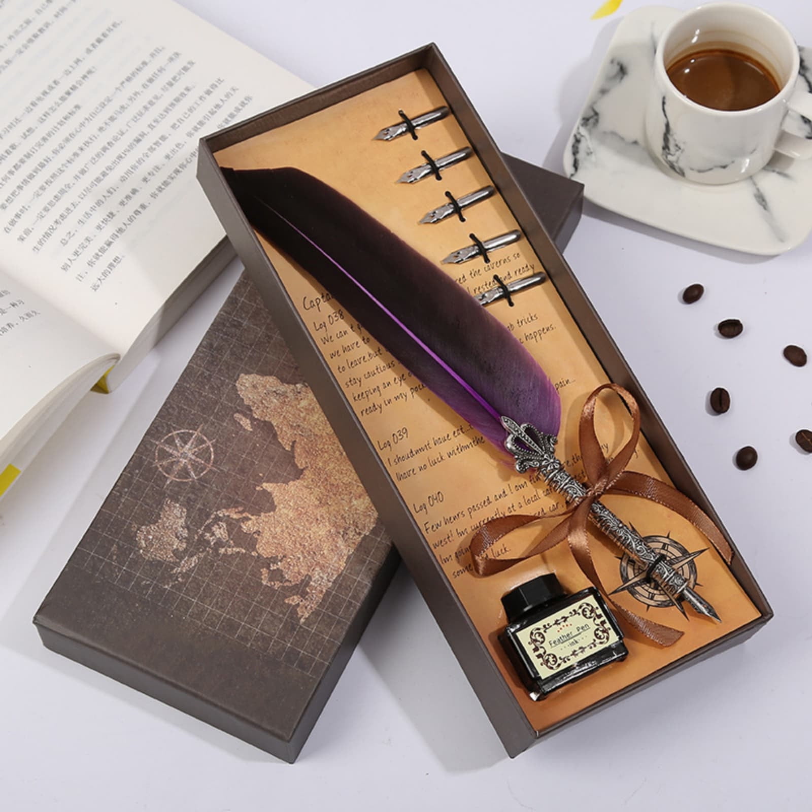 Partheme Map Design Creative Fountain Pen Gift Box, Feather Quill Pen with Crown Accent, Vintage Writing Set for Calligraphy, Fathers Day Gifts for Husband, I