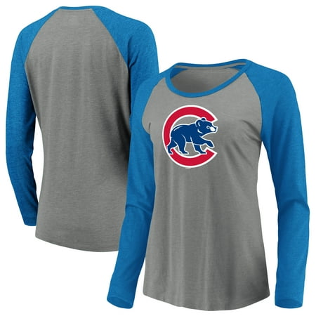 Women's Majestic Heathered Gray/Royal Chicago Cubs Must Win Tri-Blend Raglan Long Sleeve T-Shirt