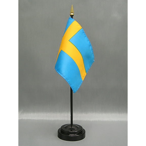 Made in The USA. 2 Sweden Rayon 4"x6" Miniature Office Desk & Little Hand Waving Table Flags Includes 2 Flag Stands & 2 Small Mini Swedish Stick Flags, Also Includes Sweden Flag Lapel Pin.