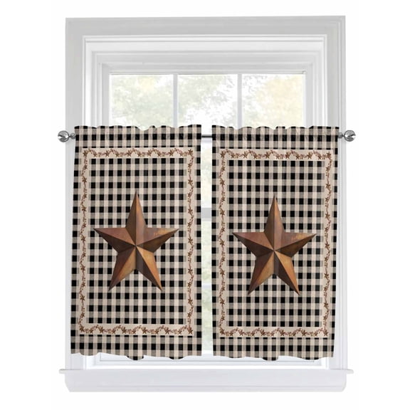 Texas Star Vintage Living Room Curtains 2 Panel, Retro Country Brown Stars Checkered Cafe Window Treatment, Farmhouse Bedroom Bathroom Kitchen Curtains Drapes 104"x54"