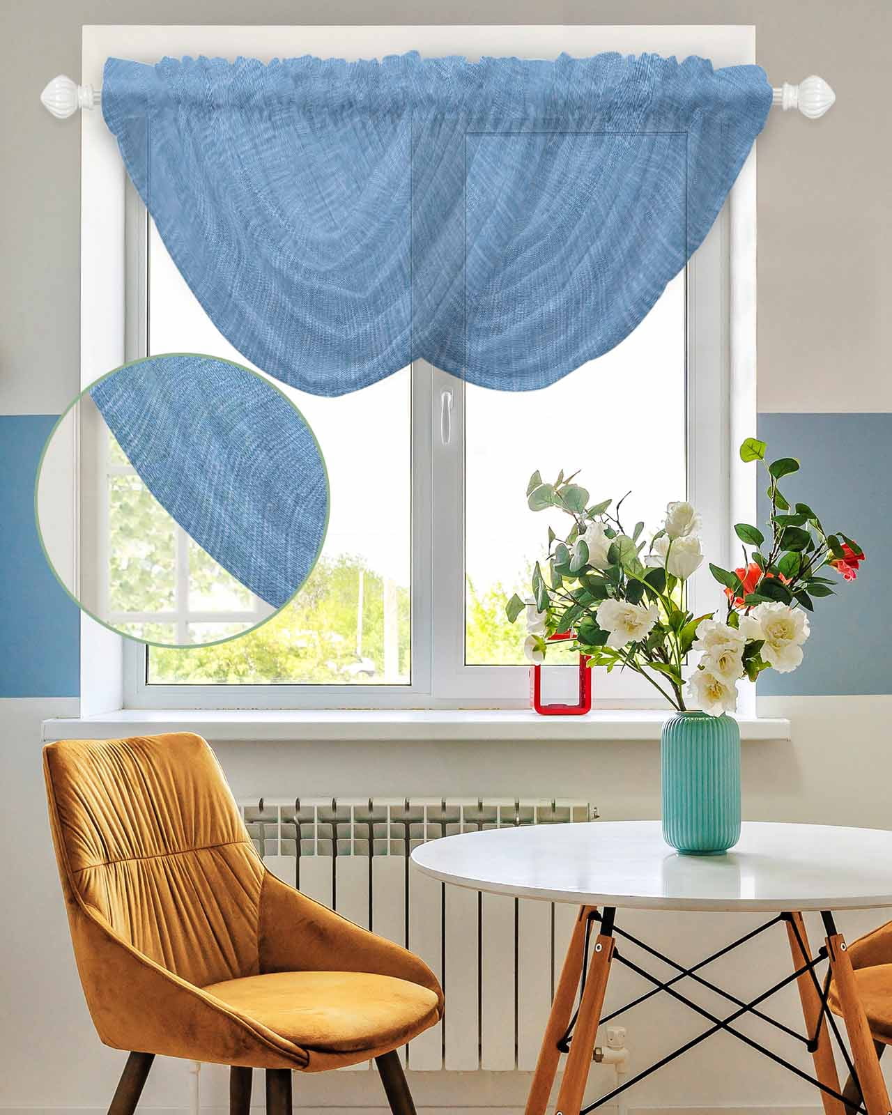 Blue Waterfall Valances for Windows, Farmhouse Burlap Solid Blue Color Modern Linen Texture Sheer Valance Curtains, Rod Pocket Elegant Swag Valances for Living Room Bedroom, 47.2"x38.5", 2 Panel