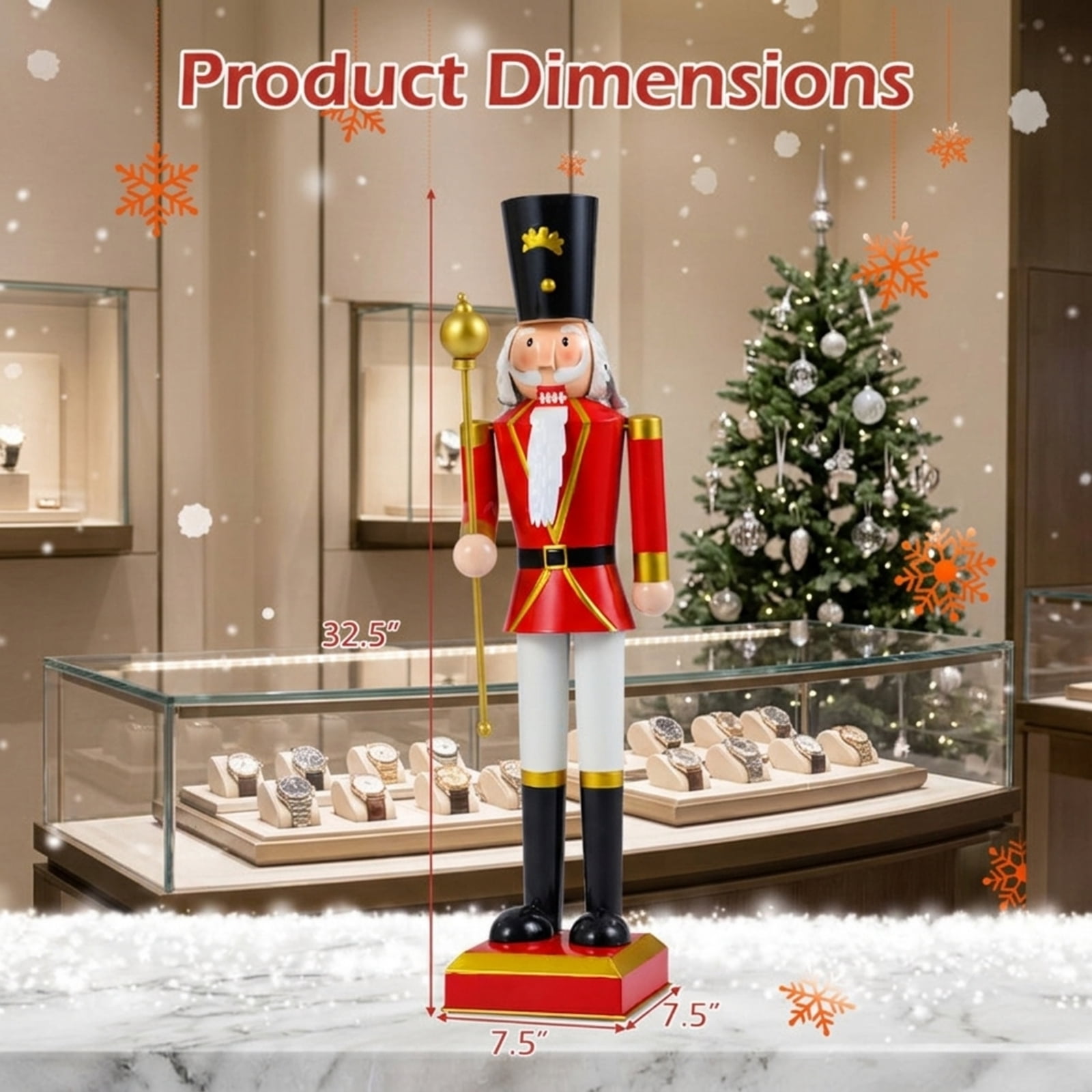RUIE 32.5 Inch Christmas Nutcracker with High Hat and Scepter, Black & Red Metal Nutcracker Soldier with Hidden Storage for Indoor Outdoor Holiday