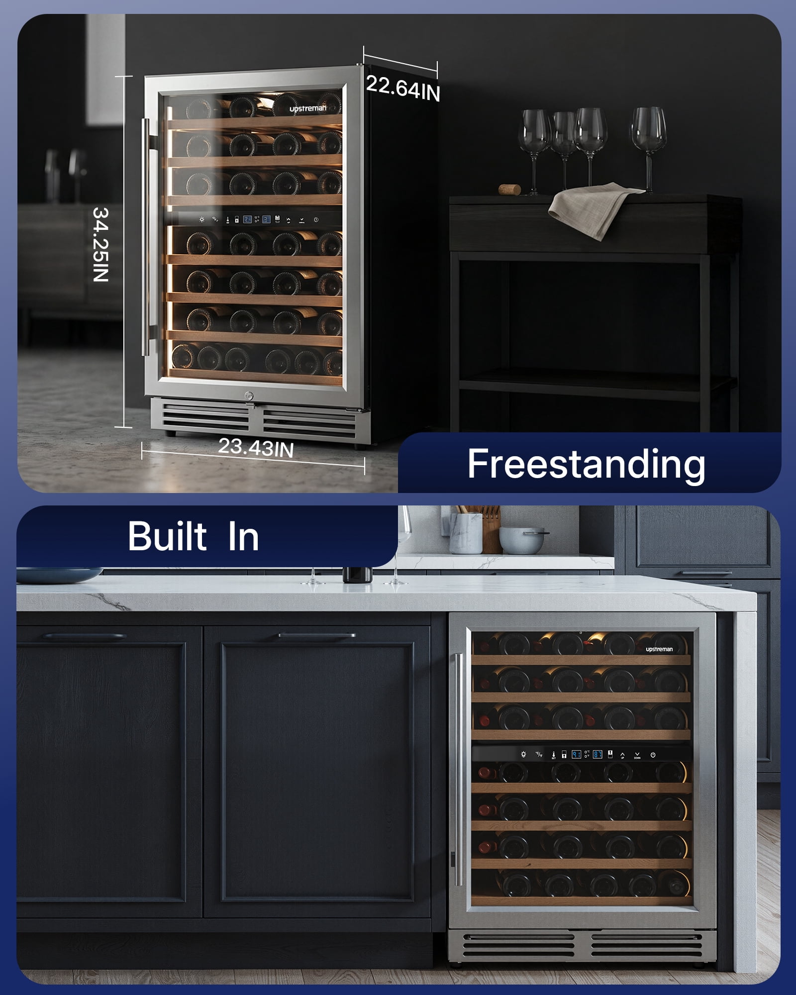 Upstreman 24" Wine Cooler Refrigerator, 54 Bottle Wine Fridge Dual Zone Wine Chiller Built-in or Freestanding Beverage Refrigerator with Glass Door, W54