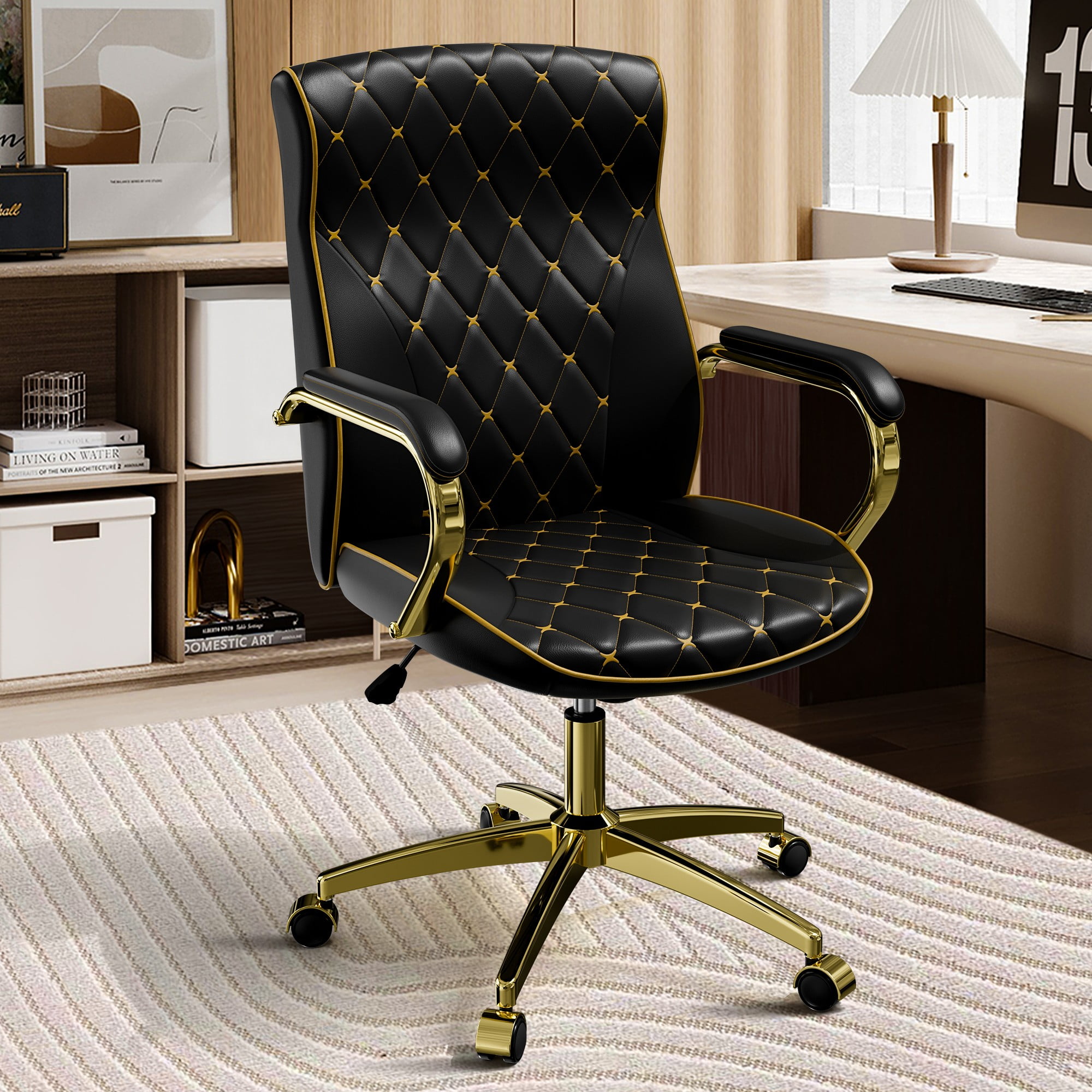 HomeZeer Black and Gold Office Chair, Ergonomic High Back Executive Desk Chair with Wheels and Arms, Modern PU Leather Computer Chair with Rocking Function, Black(Set of 2)