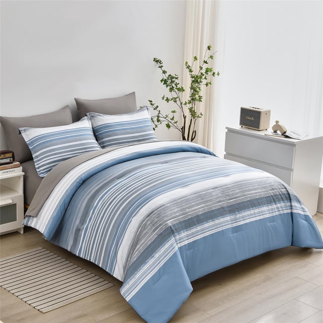 Set de edredón KAKIJUMN Stripe, tamaño completo, blanco, gris y azul