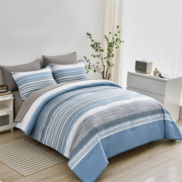 Set de edredón KAKIJUMN Stripe, tamaño completo, blanco, gris y azul
