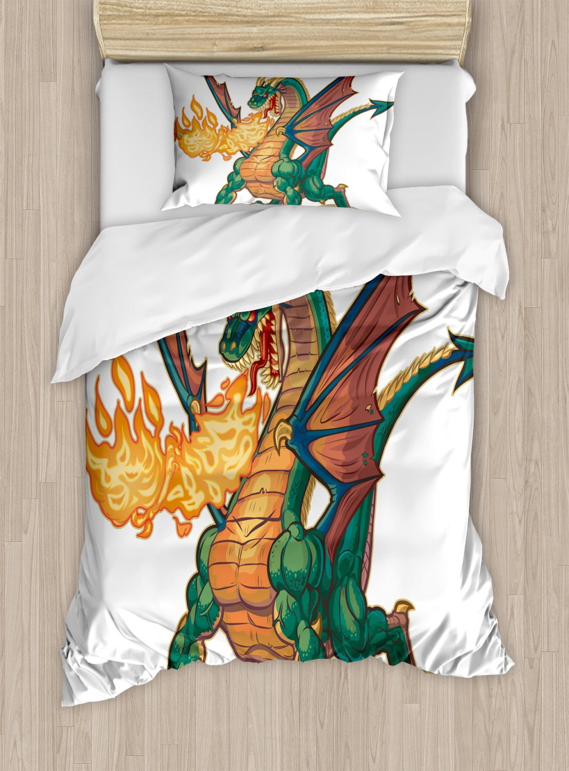 Dragon Duvet Cover Set, Mythical Fire Spitting Monster Dreamy Mascot Reptilian Culture Cartoon
