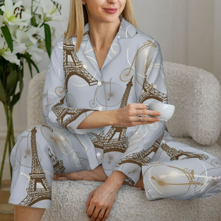 Pajamas for Women Set bike Eiffel Tower Soft Comfy Long Sleeve Button Up Pajama Sets for Women 2 Piece Sleepwear Nightwear Pjs Lounge Sets for