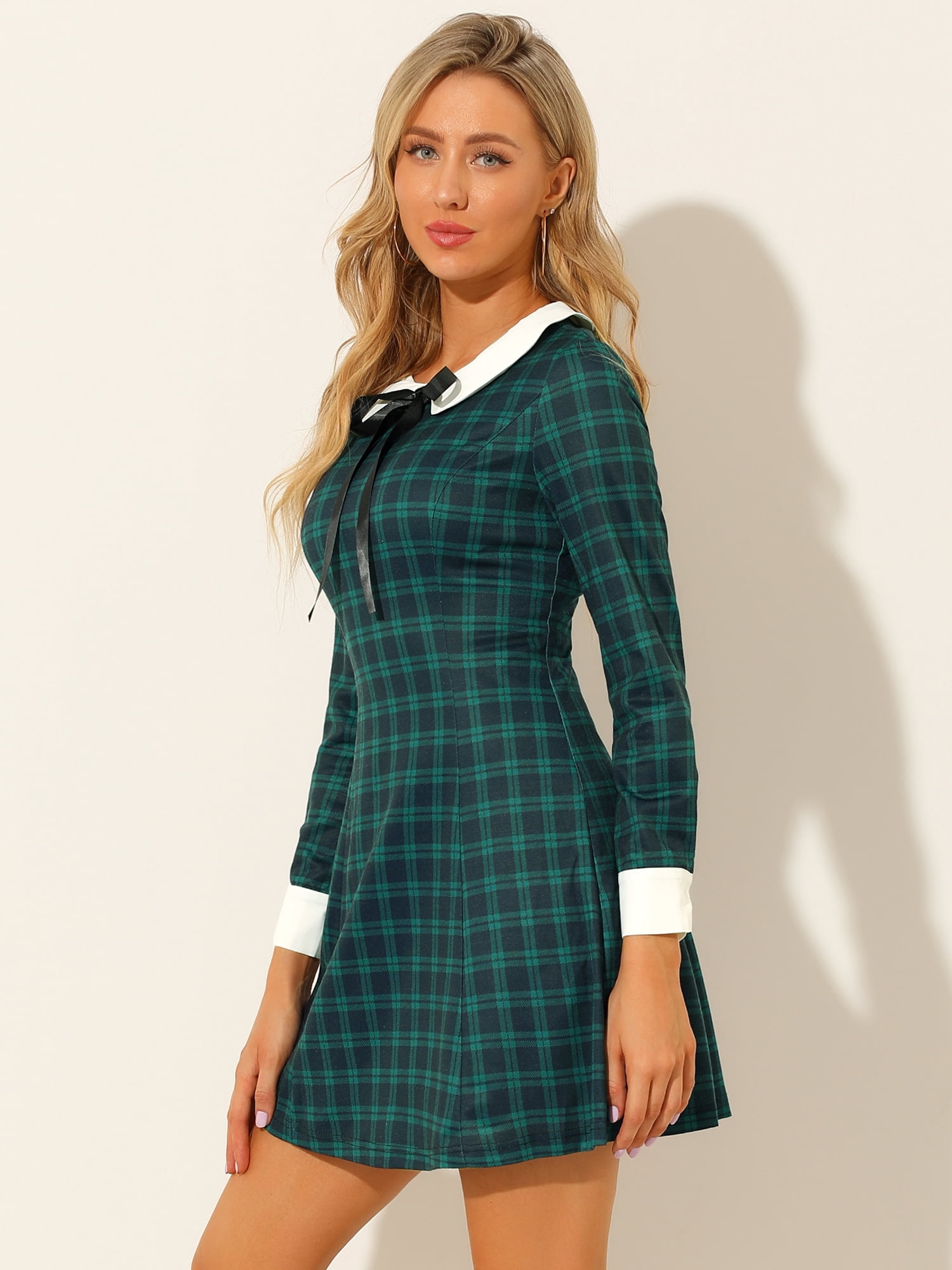 DARING DIVA Contrast Peter Pan Collar A-Line Plaid Dress S Green