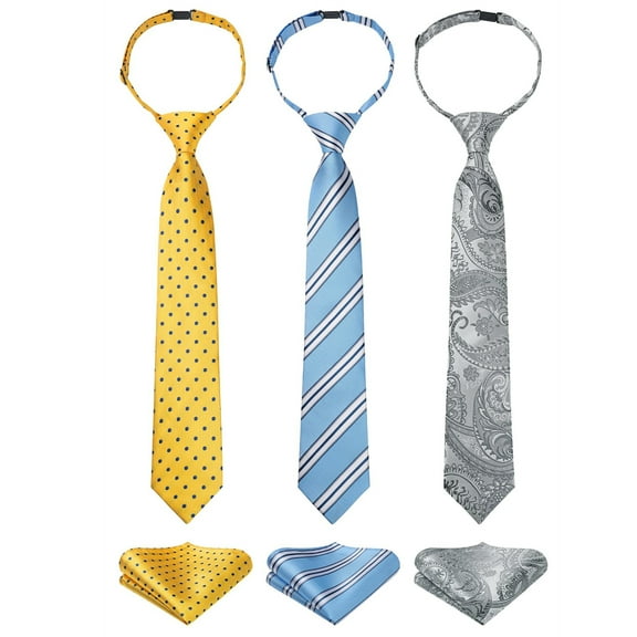 3pcs Boys Pre-Tied Neckties & Pocket Square Set Adjustable Neck Strap Tie for Kids School