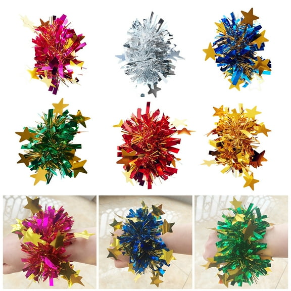 sunsanly 6Pcs Metallic Pom Poms Cheerleading Elastic Hair Ropes Stage Performance Elastic Band Bracelet with Star Decor Celebration Volleyball Game Wrist Flower
