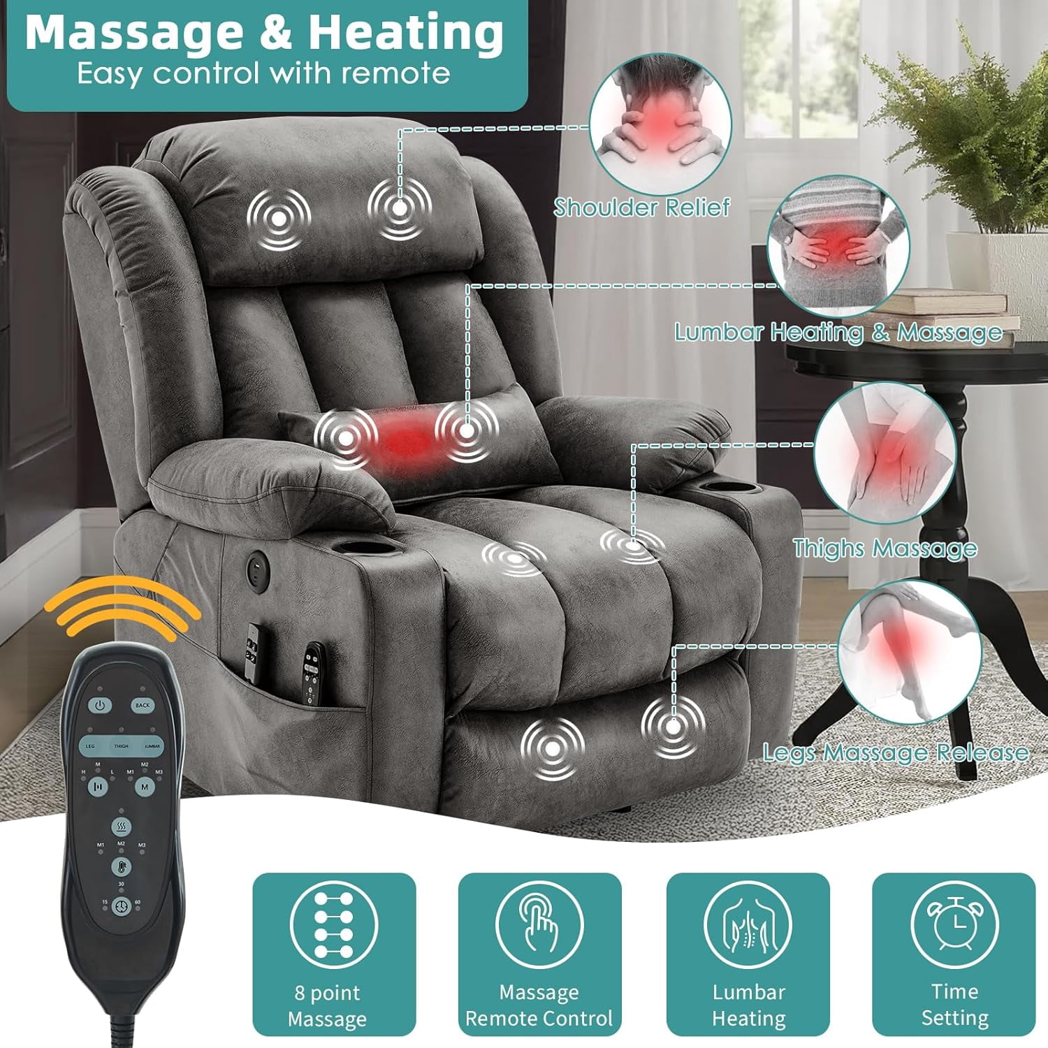 MEETWARM Oversized Dual Motor Lay Flat Power Lift Recliner Chair for Big Elderly with Heat Massage, Large Sleeping Electric Recliner with Extended Footrest, Lumbar Pillow, USB & Type-C Ports, Gray