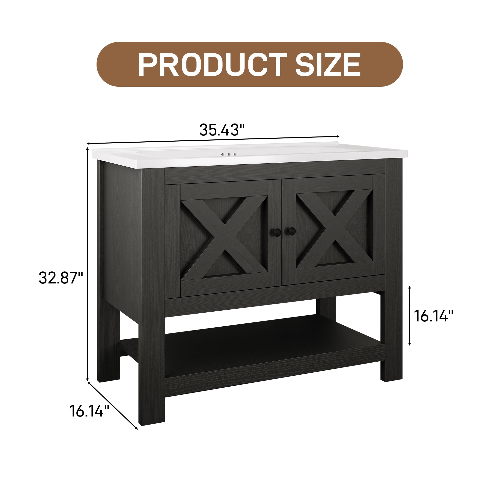 4 EVER WINNER 36" Black Bathroom Vanity with Sink, Farmhouse Storage Cabinet with X-shaped Barn Door, Ceramic Vanity Top & Open Shelf, Modern Vanity for Bathroom Laundry Room