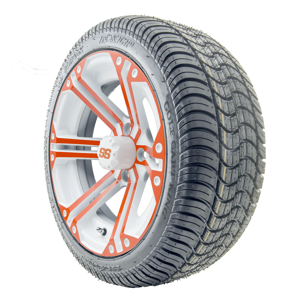 Golf Cart Wheels and Tires 14" RHOX SS White/Orange w/ LowPro Tires