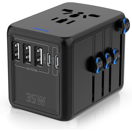 35W PD Universal , Fast Charging International Power Plug Adapter with 3*USB-A & 2*USB-C Ports and Multi AC Sockets, All-in-one Travel Outlet Conversion Plugs for 200+ Countries