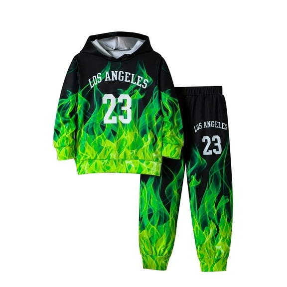 Fdqin Boys Sweatsuit 2 Piece Outfits 3D Print Hooded Pant Set Sweatshirt and Sweatpant Sets Kids Clothes Green 4-5T