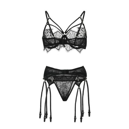 

BIZIZA Sexy Strappy Lingerie Set for Women Teddy Plus Size Babydoll Lingerie Lace Bra and Panty Sets with Garter Black M