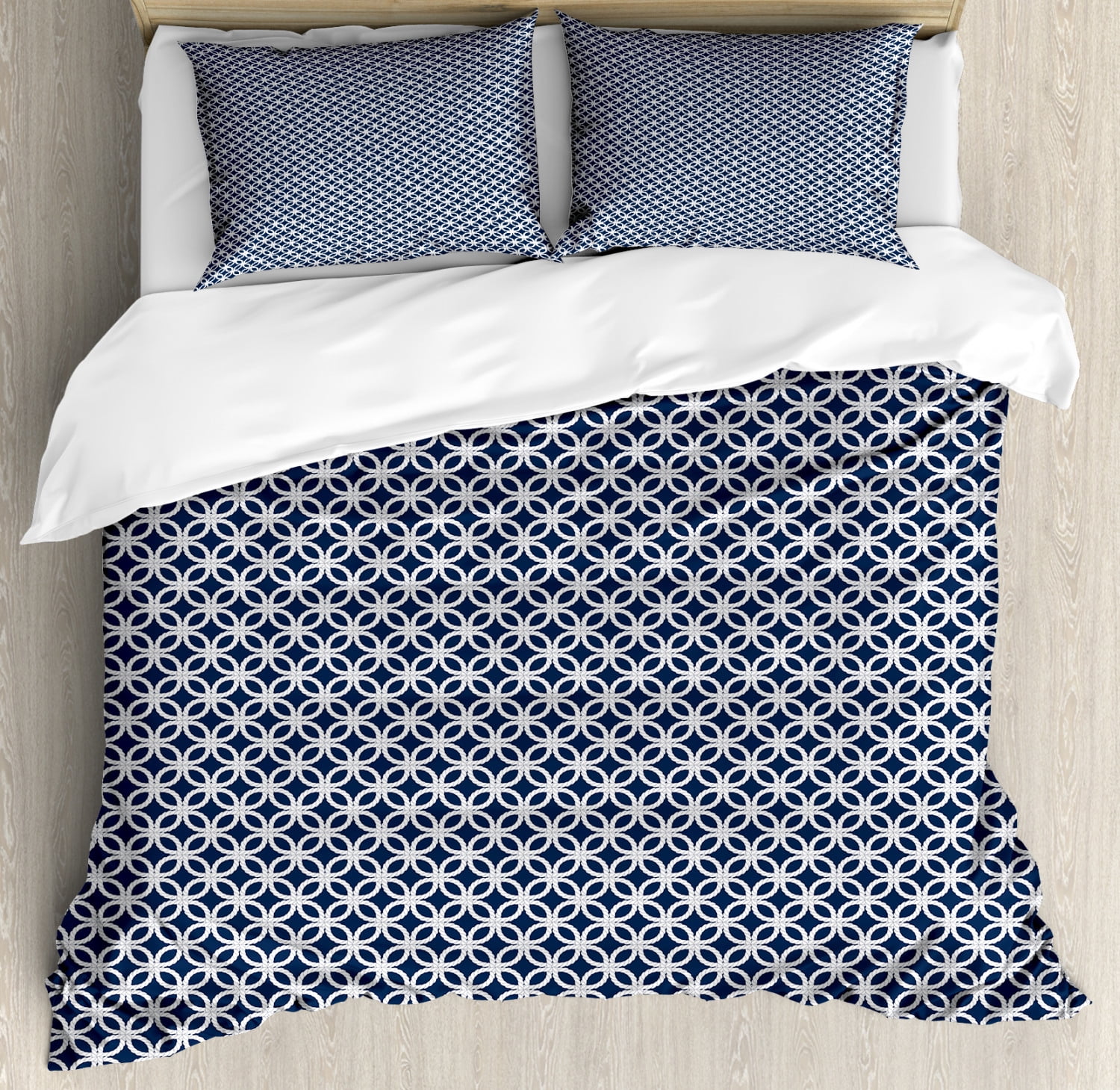 Navy Blue Duvet Cover Set, Marine Rope in Geometric Pattern Design
