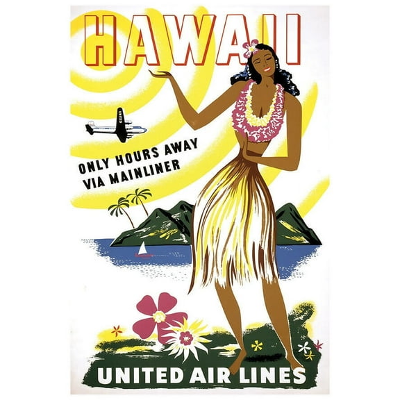 United Airlines - Hawaii - 1940s - Vintage Travel Poster (8x12Inches-US/CANOnly)