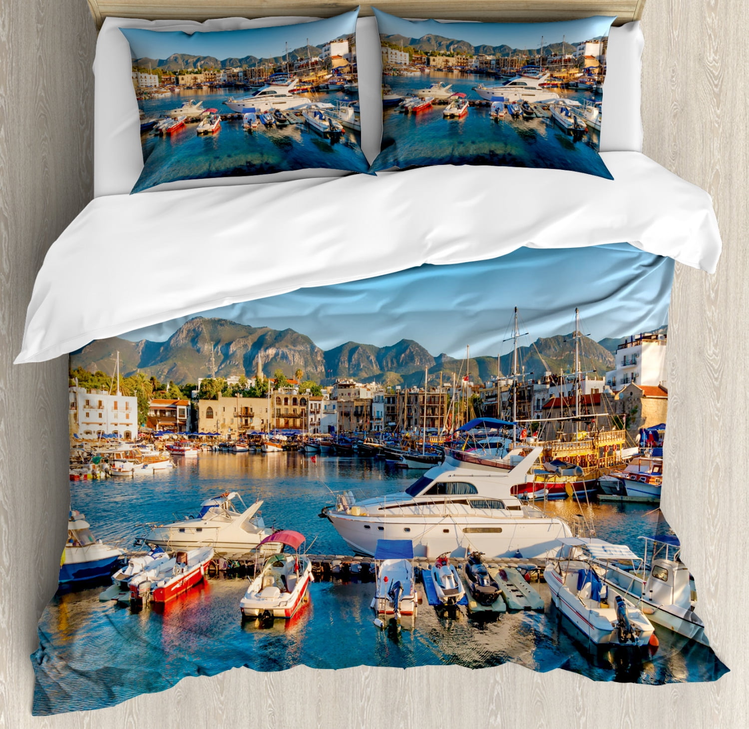 Cyprus Duvet Cover Set King Size, Boats and Yachts at Kyrenia Harbor