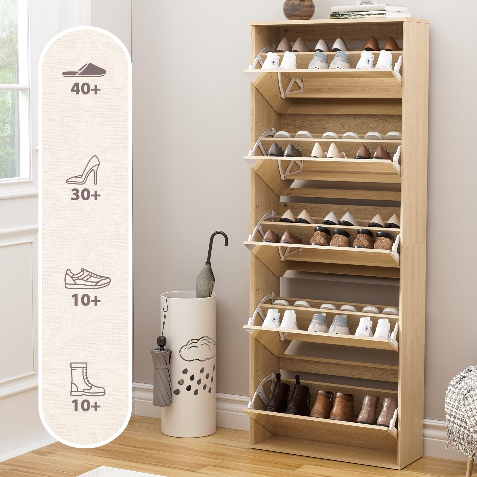 Brafabhome Mirror Shoe Cabinet with 5 Flip Doors, 30-Pairs Shoe Organizer Cabinet for Hallway, Modern Entryway Shoe Storage for Slippers Sneakers | Nature