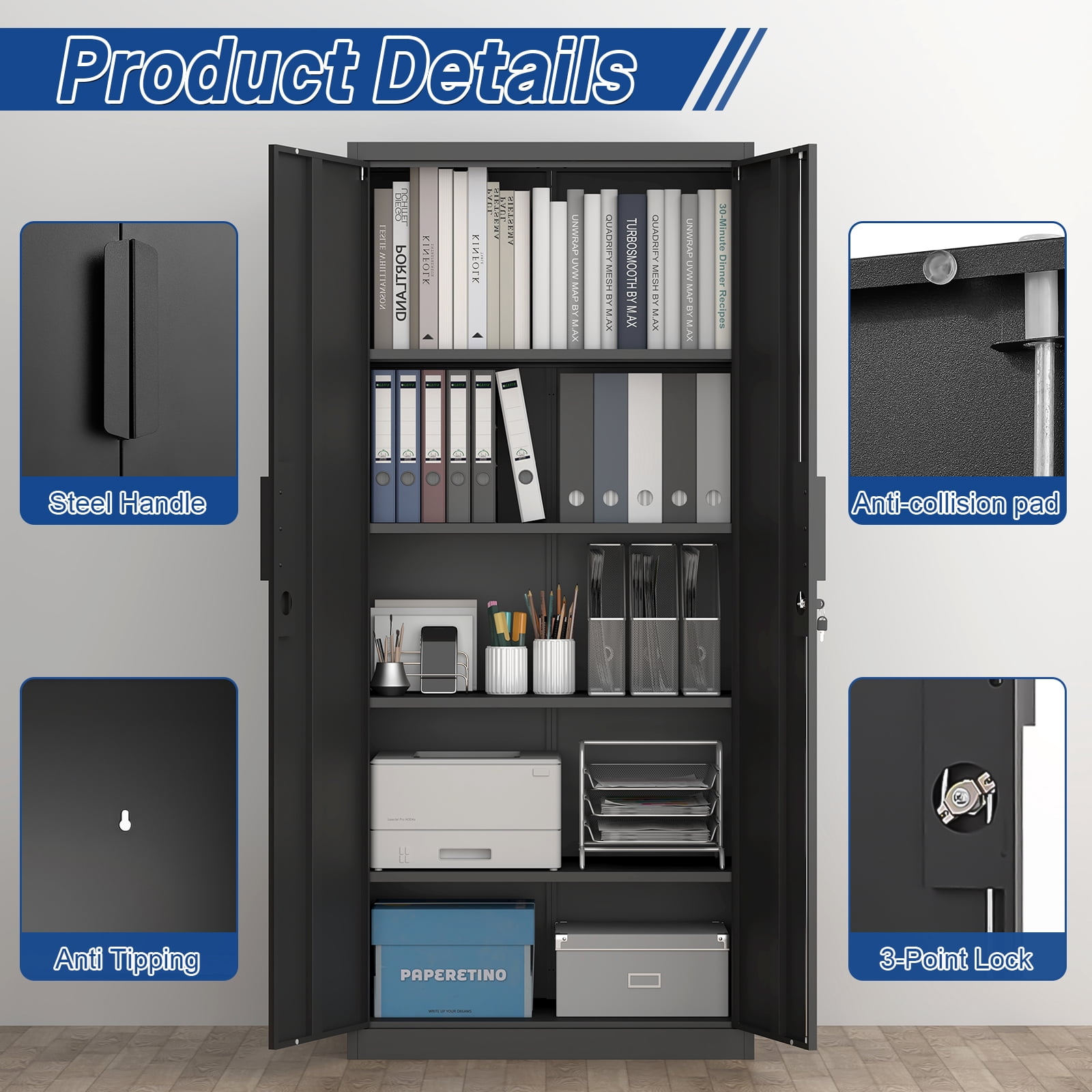 Marcree 71''H Metal Storage Cabinet, Locking Black Steel Cabinet with Doors and Shelves, Metal Cabinets for Garage, Kitchen Pantry,Tall File Cabinet for Home Office