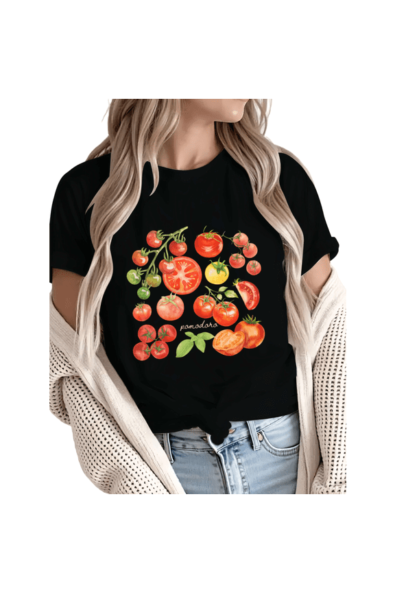 Women Watercolor Pomodoro Tomato Graphic Fun Tees Tops Round Neck Cotton T-Shirt Black S-5XL