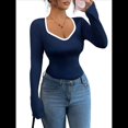 thumbnail image 1 of Camisetas Ajustadas con Cuello en Forma de Corazón para Mujer, Tops de Punto Acanalado con Mangas Largas Acampanadas Azul Marino L, 1 of 7