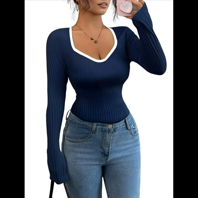 Camisetas Ajustadas con Cuello en Forma de Corazón para Mujer, Tops de Punto Acanalado con Mangas Largas Acampanadas Azul Marino L