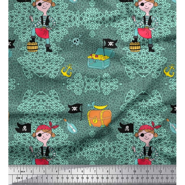 Soimoi Poly Georgette Fabric Flag,Treasure Box & Pirate Boy Nautical Print Sewing Fabric Yard 52 Inch Wide