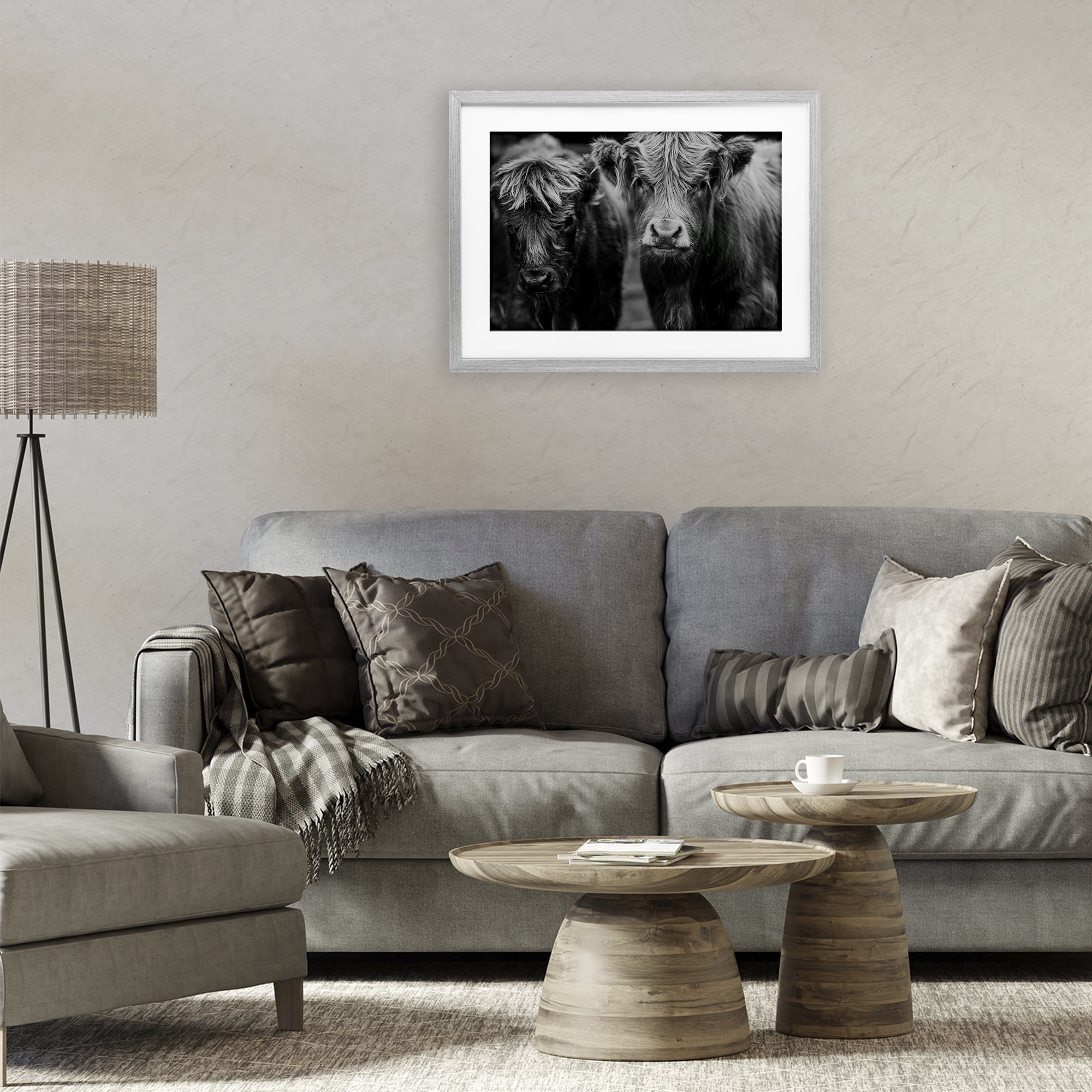 Cow Faces on Farm Gray Framed Print Under Glass, design by Amy Carroll