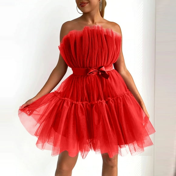 TopLLC Sleeveless Round-Neck Dress Women Tulle Dress Sleeveless Short Dress Solid Mesh Princess Steapless Womens dresses