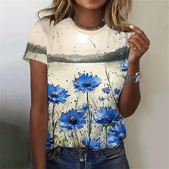 Fartey Plus Size Tops for Women Loose Casual Summer Crewneck Short Sleeve Tunic Shirt Fashion Floral Print Tees Camp Outdoors Hiking Tshirts Multicolor L