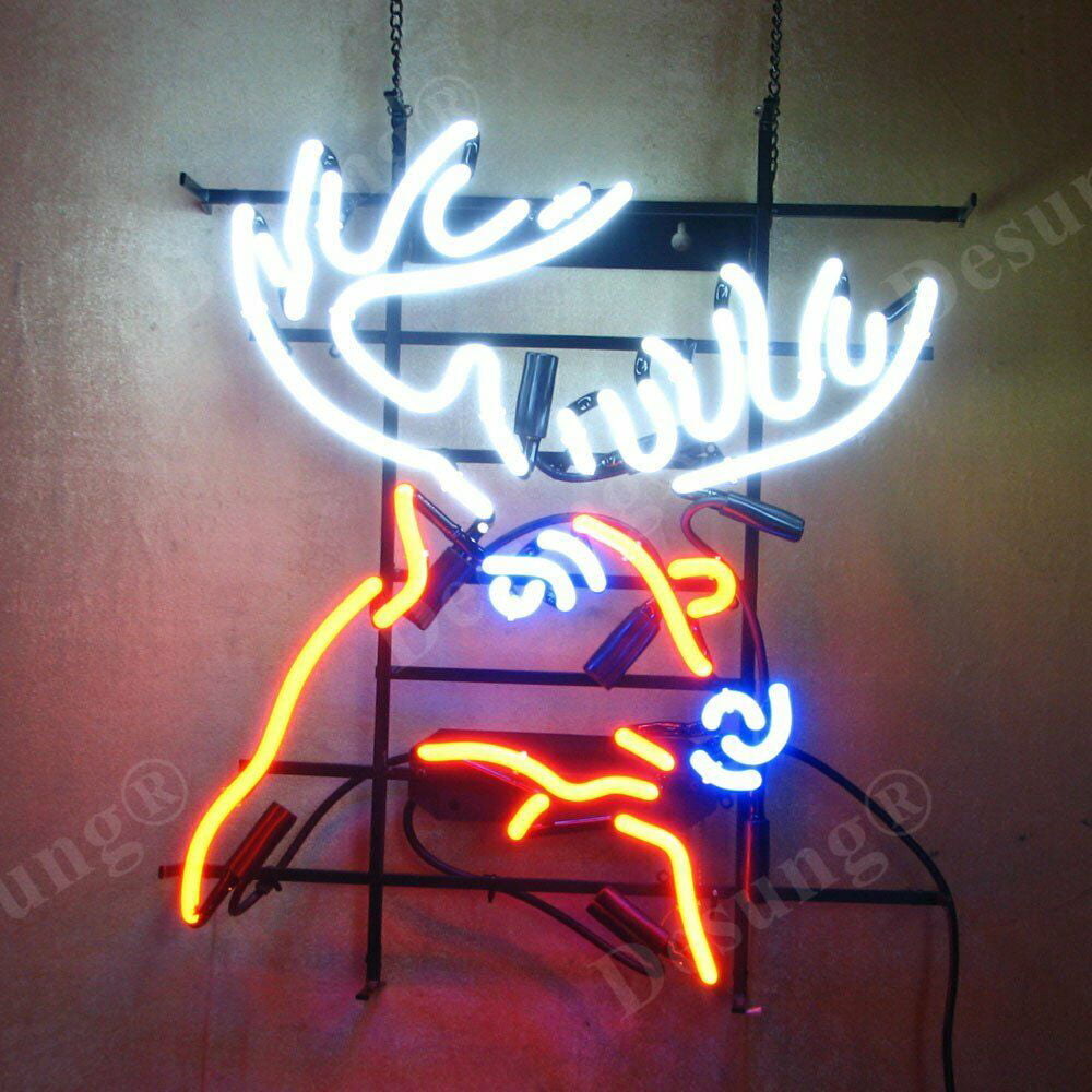 New Budweiser Deer Head Neon Light Sign 17"x14" Beer Cave Gift Lamp Bar Glass 
