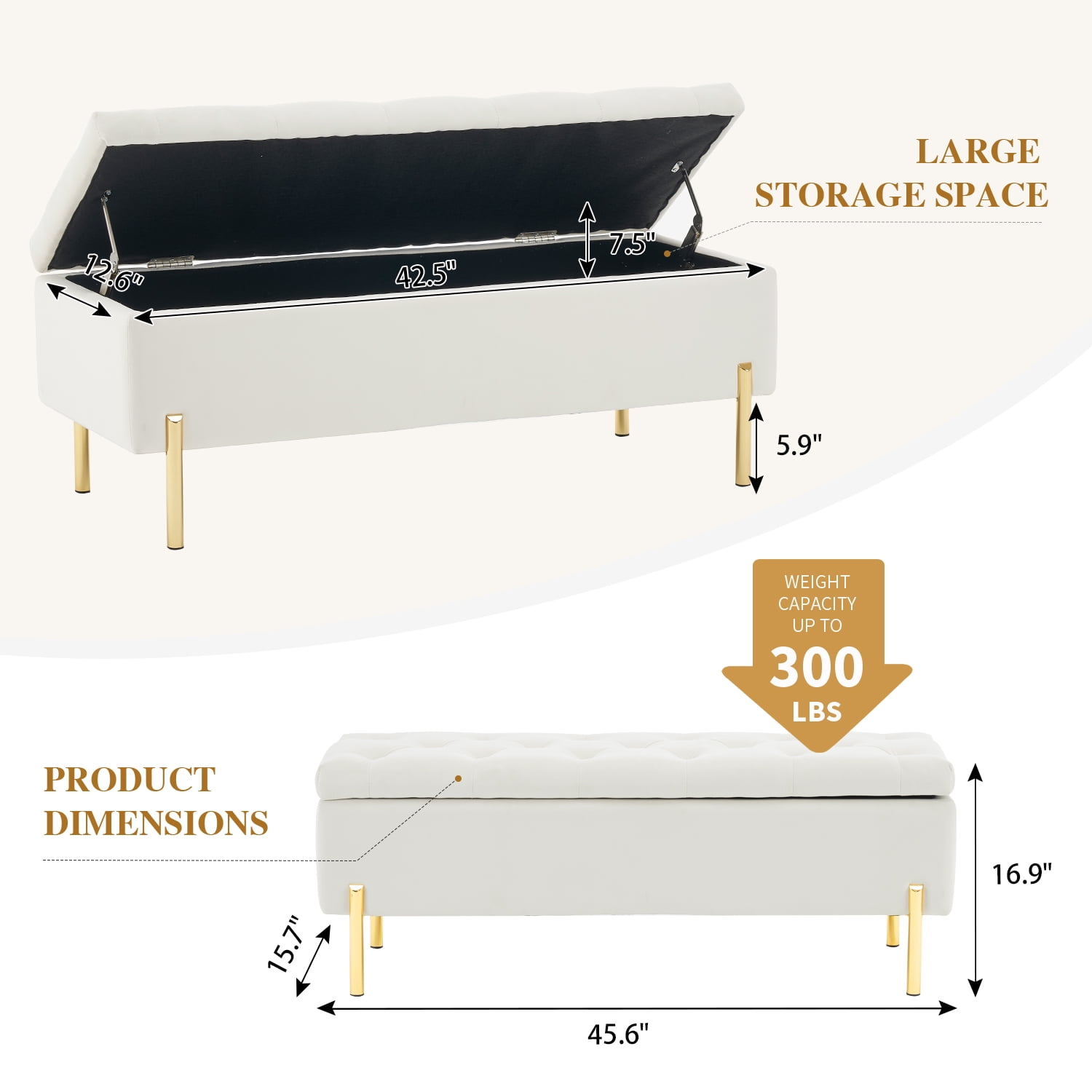 Velvet Storage Ottoman Bench, End of Bed Bench Upholstered Storage Bench for Bedroom Entryway Living Room, Ivory