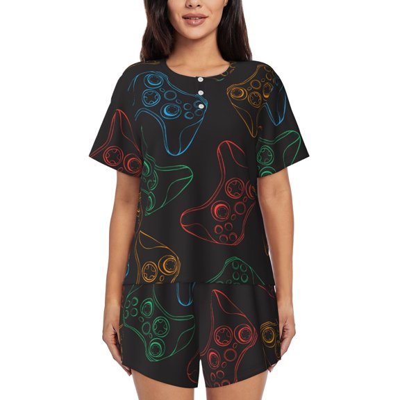 Logiee Gamepad Joystick Game Print Womens Pajamas Set,Short-Sleeve Pajama 2 Piece Sleepwear with Pockets-Small
