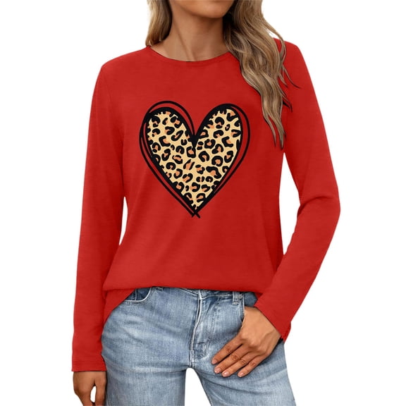 CAIXIA Womens Shirts Valentine's Day Graphic Pullover for Women Long Sleeve Heart Print Casual T-Shirt Top Comfortable Fit,Red