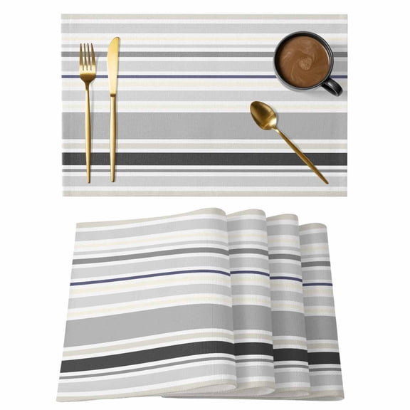Gray Stripe Placemats Set of 4, Modern Abstract Art Black Striped Rustic Placemats for Dining Table, Place Mats for Kitchen Tabletop, Waterproof Wipeable Dining Table Mats Set