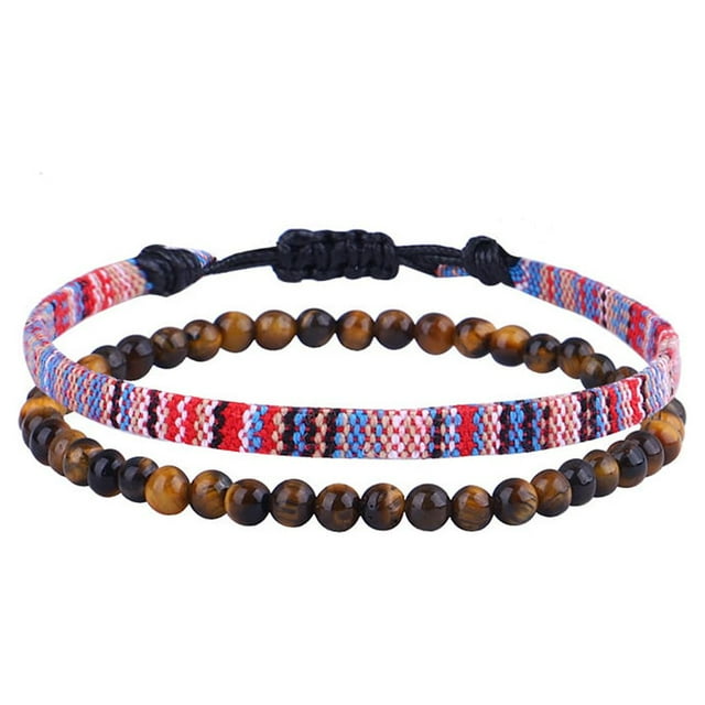 2 Pieces Braided Bohemian Bracelet Anklets String Bracelets Handmade Woven Set Cord Bangles Leg Chain Fabric Handcrafted Adjustable for Beach type 6