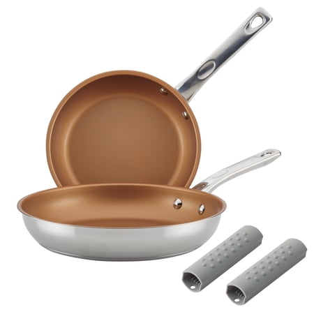 Ayesha Home Collection Stainless Steel Nonstick Skillet Twin Pack with Silicone Handle Sleeves