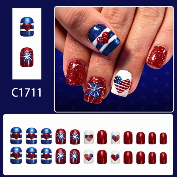 Chanana 24Pcs 4th of July Press on Nails Short Square French Tip Fake Nails Independence False Nails with American Flag Star Glitter Design Acrylic Day Glue on Nails DIY for Women Decoration