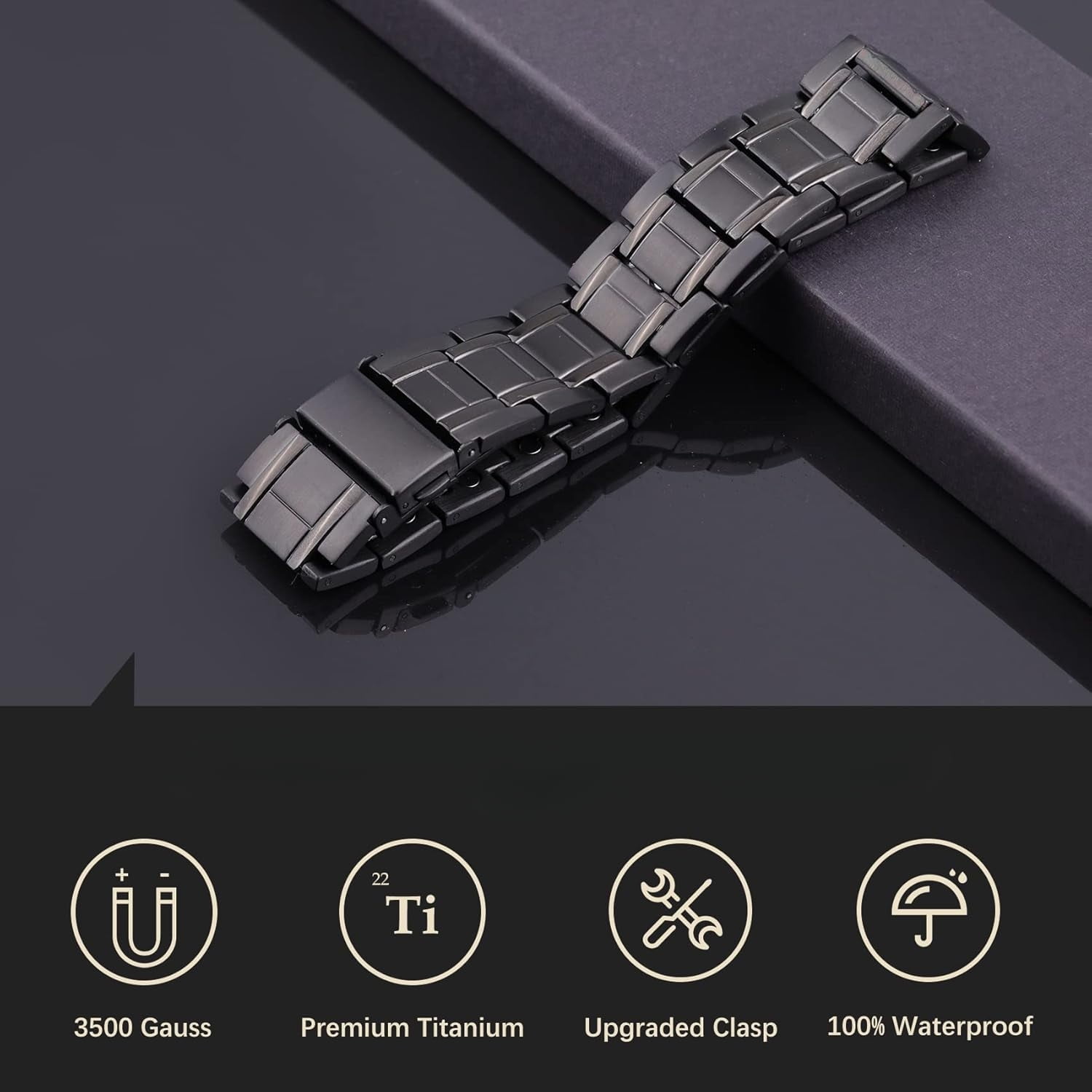 Wollet 3X Pure Titanium Magnetic Bracelets for Men with Folding Clasp (Black)