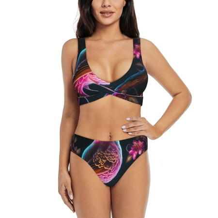 Zeuib Glowing Leaf Bird High Waisted Tummy Control Bikini Set - Knot Front Push Up Top & Cheeky Thong Bottom  Two-Piece Swimsuit for Women-XX-Large