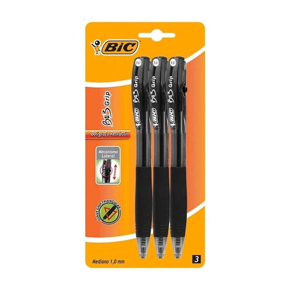 Bolígrafo Bic BU3 Grip Punto Mediano 1.0 mm Negro 3 Piezas
