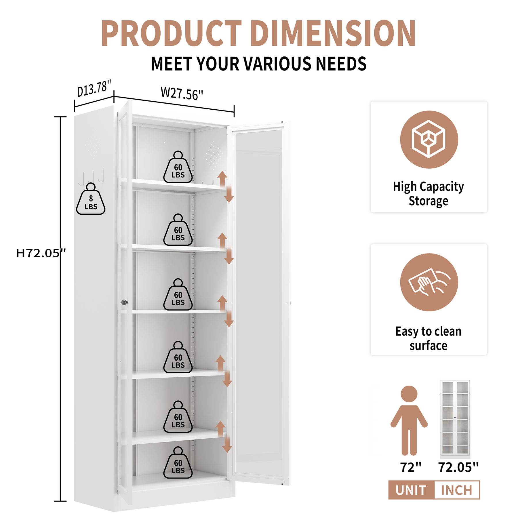 S-HOME Freestanding Metal Pantry Cabinet – White 72 Inch Tall Design with 5 Adjustable Shelves for Kitchen and Bathroom Storage