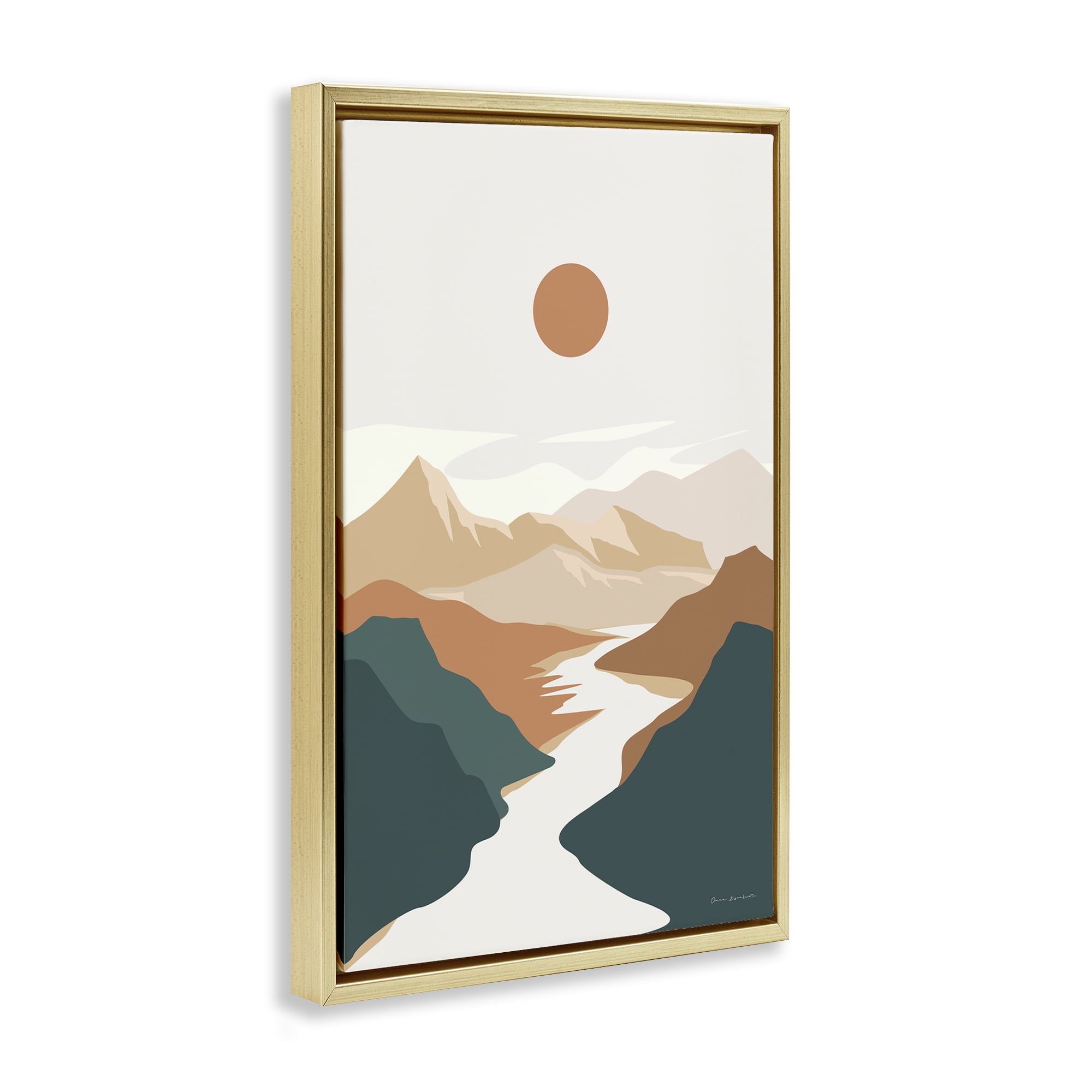 Stupell Industries Boho Mountain Valley Landscape & Nature Painting Gold Floater Framed Canvas Art Print Wall Art, 17 x 25
